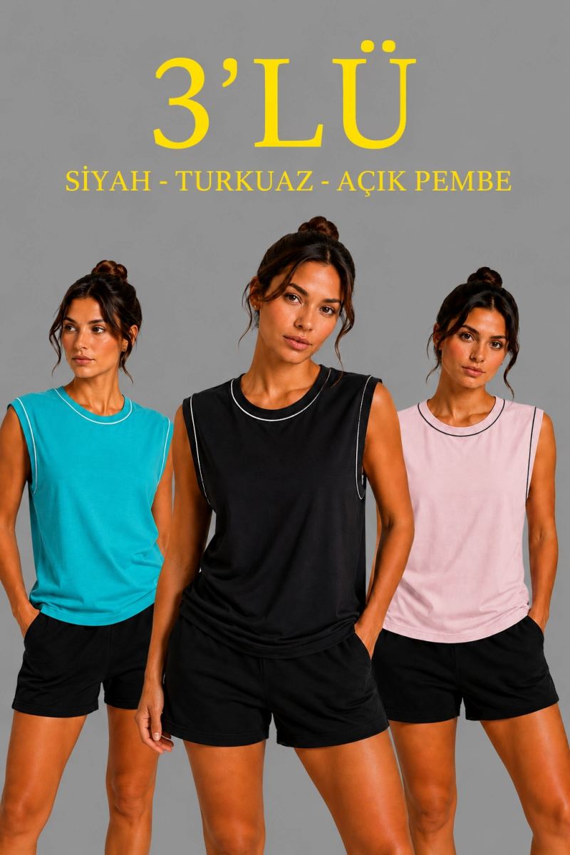 Kadın 3’lü Kolsuz Sporcu Atlet Seti Yazlık Bisiklet Yaka - Siyah, Turkuaz, Pembe
