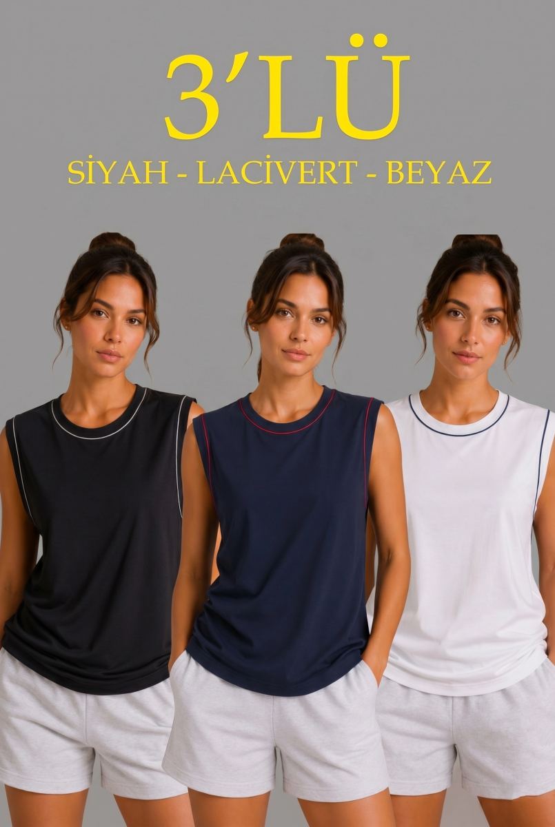 Kadın 3’lü Kolsuz Sporcu Atlet Seti Yazlık Bisiklet Yaka - Siyah, Lacivert, Beyaz