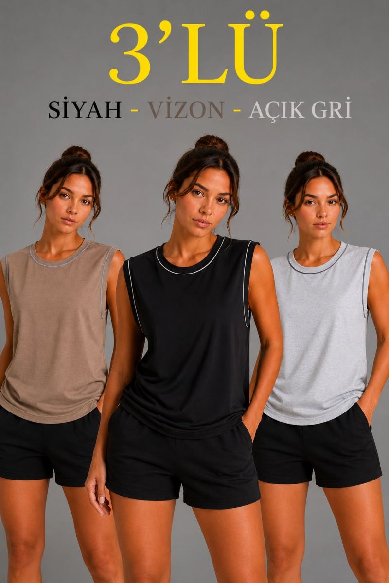 Kadın 3’lü Kolsuz Sporcu Atlet Seti Yazlık Bisiklet Yaka - Siyah, Kahverengi, Gri