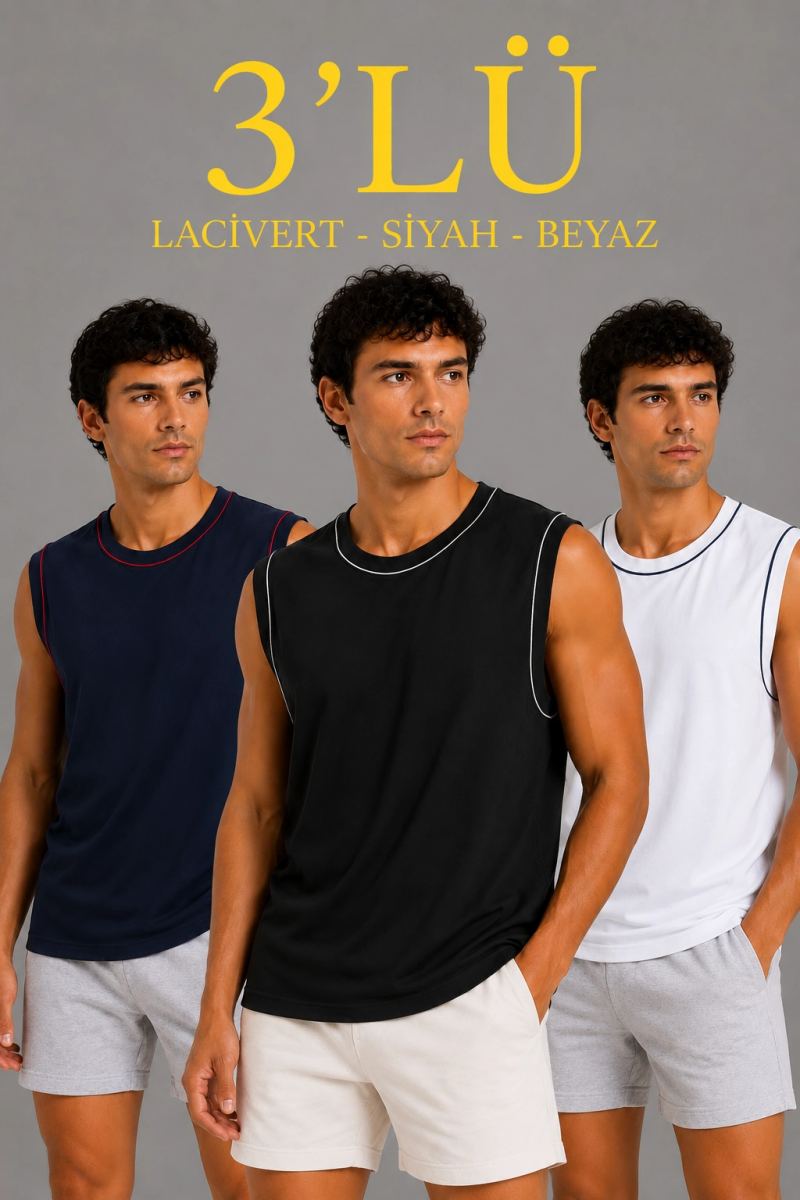 Erkek 3’lü Kolsuz Sporcu Atlet Seti Yazlık Bisiklet Yaka - Siyah, Lacivert, Beyaz
