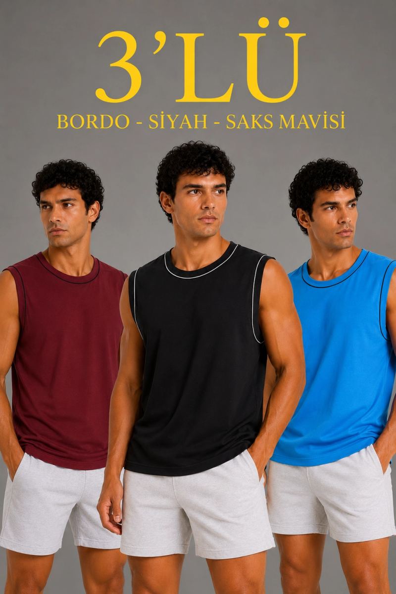 Erkek 3’lü Kolsuz Sporcu Atlet Seti Yazlık Bisiklet Yaka - Siyah, Bordo, Turkuaz