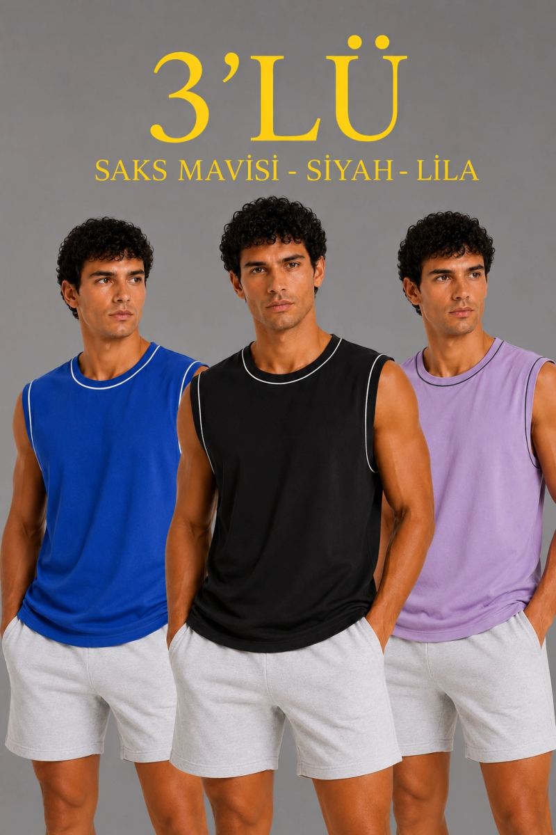 Erkek 3’lü Kolsuz Sporcu Atlet Seti Yazlık Bisiklet Yaka - Siyah, Lila, Saks Mavisi