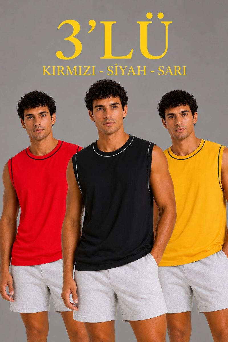 Erkek 3’lü Kolsuz Sporcu Atlet Seti Yazlık Bisiklet Yaka - Siyah, Kırmızı, Sarı