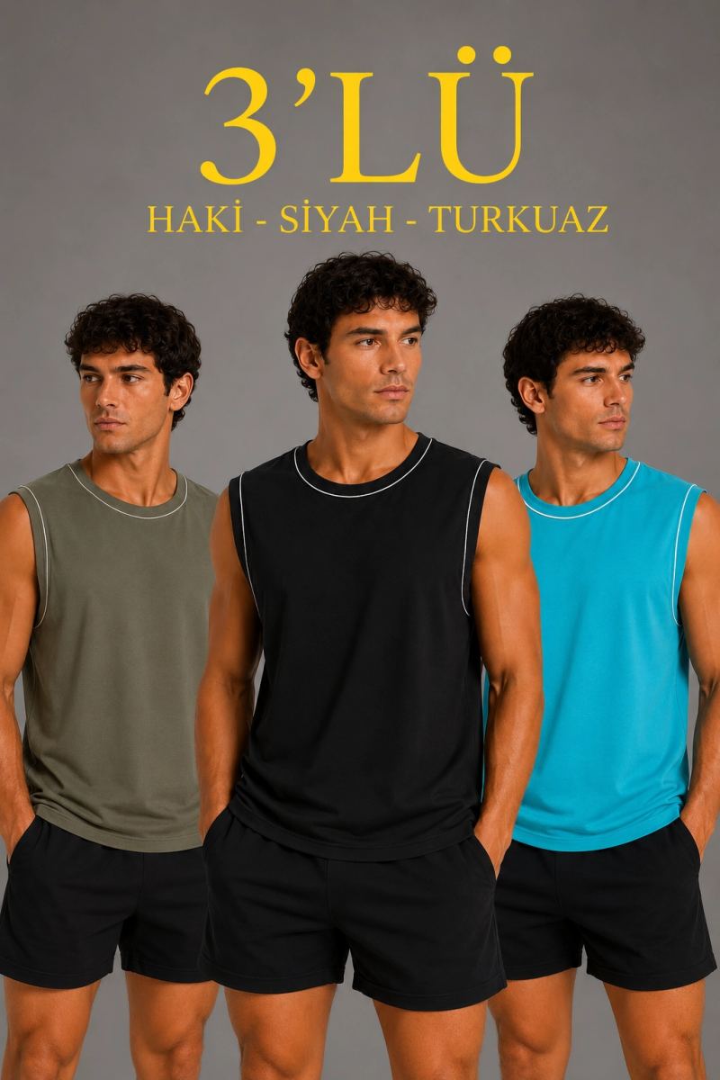 Erkek 3’lü Kolsuz Sporcu Atlet Seti Yazlık Bisiklet Yaka - Siyah, Haki, Açık Mavi