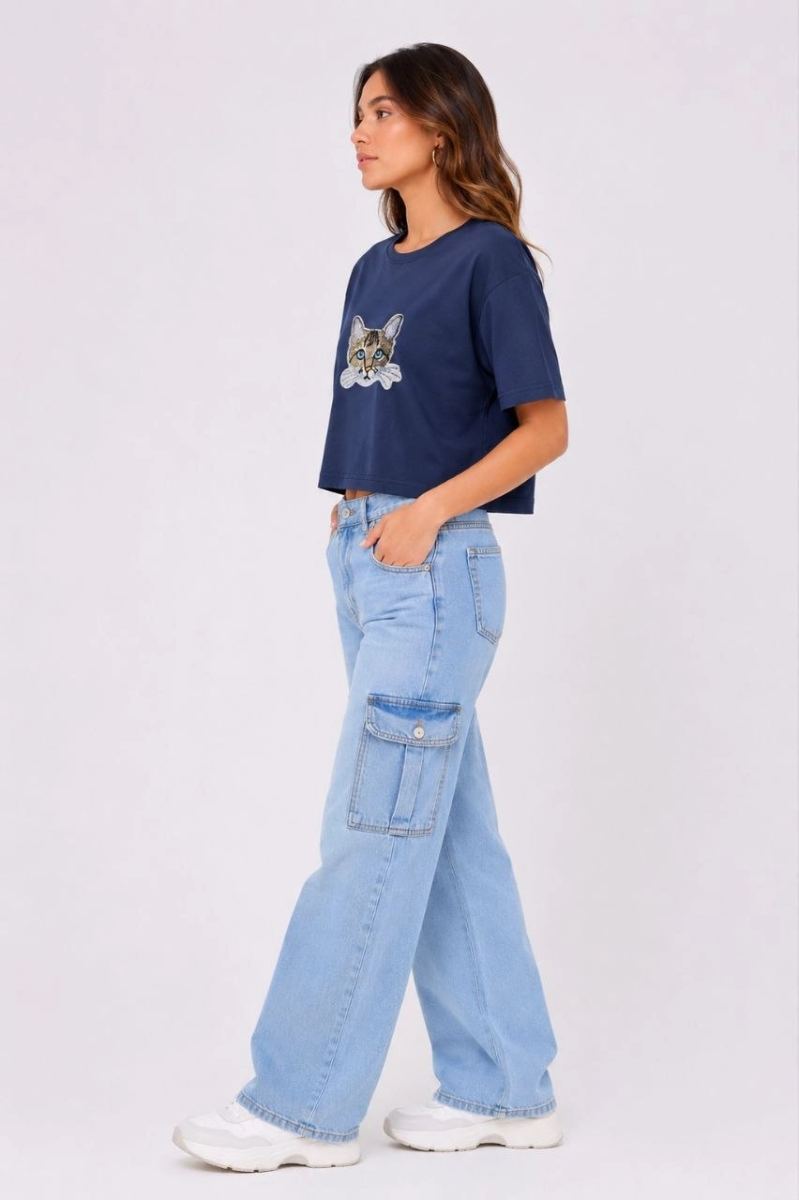 Kadın Kedi Baskılı Oversize Crop Tişört Salaş Basic Yarım Kol T-shirt - Lacivert