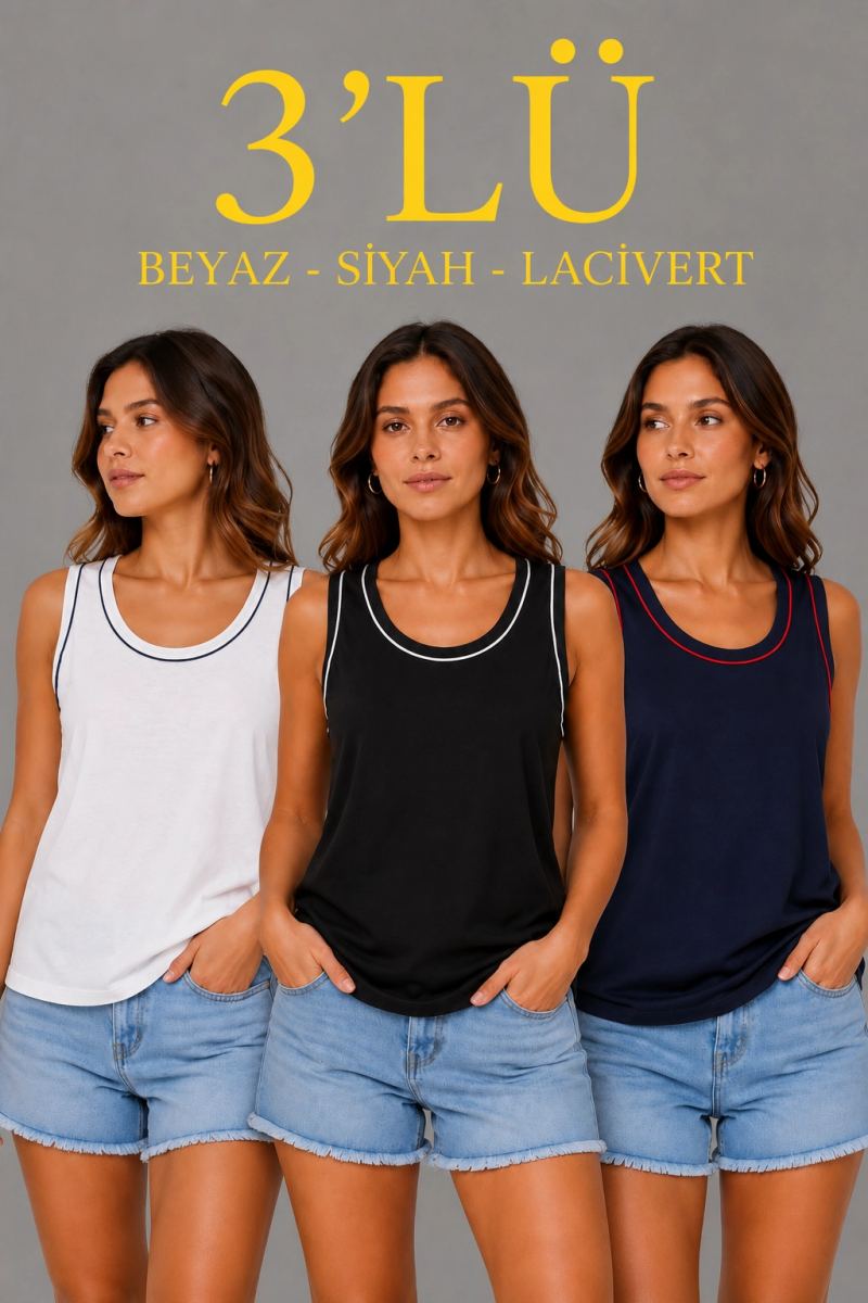 Kadın 3’lü Kolsuz Sporcu Atlet Seti Yazlık Bisiklet Yakalı - Siyah, Lacivert, Beyaz