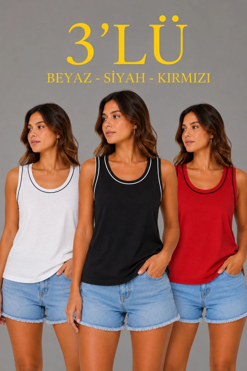 Kadın 3’lü Kolsuz Sporcu Atlet Seti Yazlık Bisiklet Yakalı - Beyaz, Siyah, Kırmızı