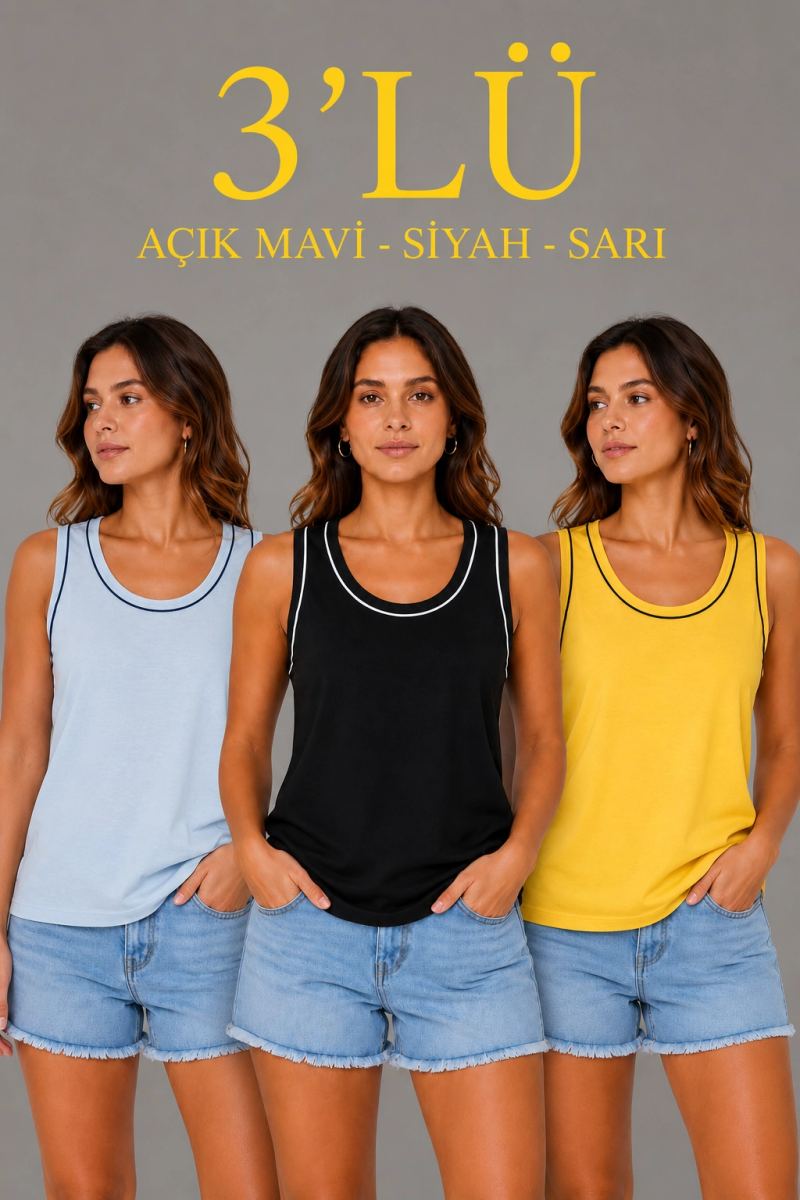 Kadın 3’lü Kolsuz Sporcu Atlet Seti Yazlık Bisiklet Yakalı - Sarı, Siyah, Bebe Mavisi