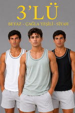 Erkek 3’lü Kolsuz Sporcu Atlet Seti Yazlık Bisiklet Yakalı - Mint Yeşili, Siyah, Beyaz