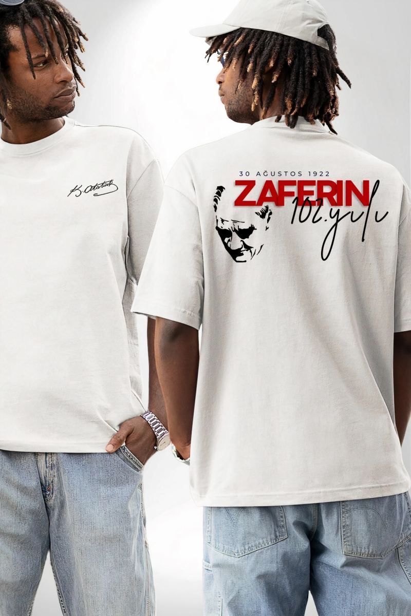 30 Ağustos Zafer Bayramı Ön Arka Baskılı Oversize Bisiklet Yaka T-shirt - Beyaz