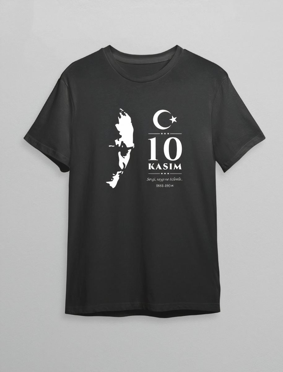 10 Kasım Atatürk Anma Günü Silüet Baskılı Oversize Bisiklet Yaka T-shirt - Siyah