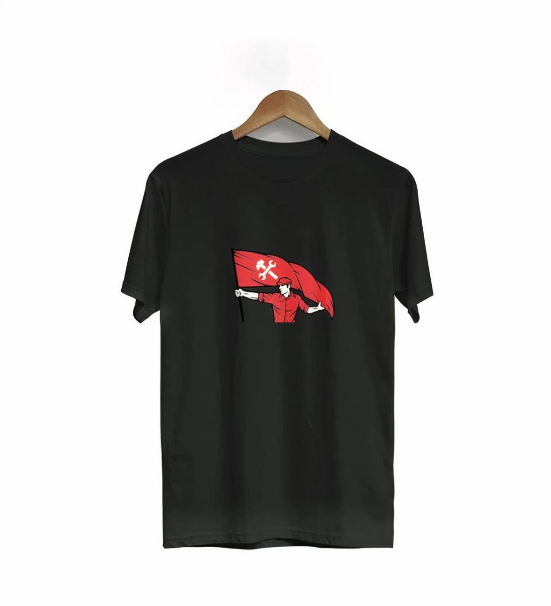 1 Mayıs Emek ve Dayanışma Bayraklı Emekçi Baskılı Bisiklet Yaka T-shirt - Siyah