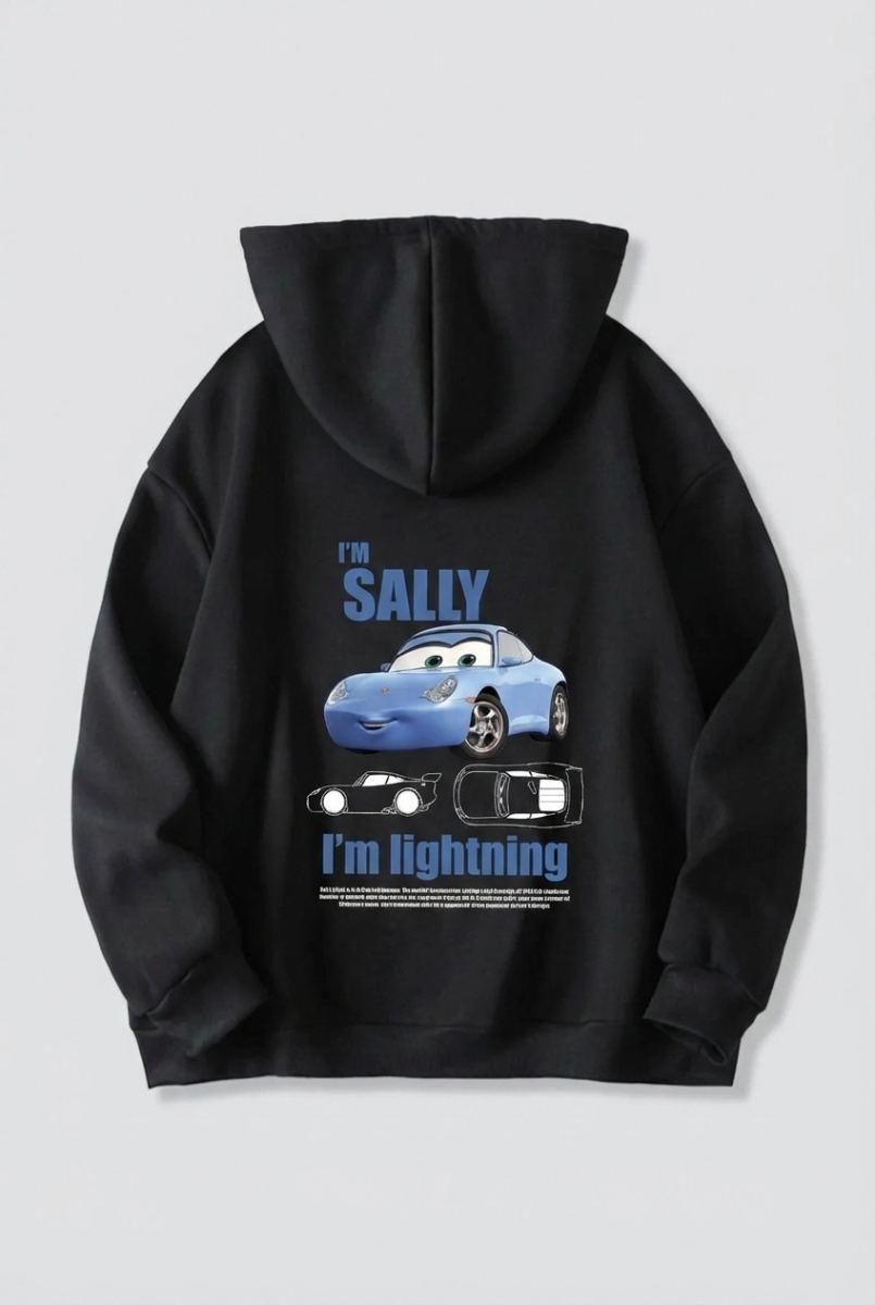 Sevgililer Günü Araba Temalı Baskılı Oversize Kapüşonlu Sweatshirt Hoodie - Siyah
