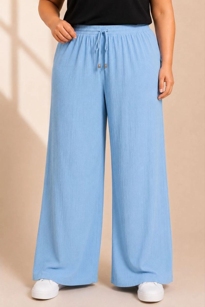 Kadın Battal Beden Bürümcük Kumaş Beli Lastikli Bağcıklı Bol Paça Palazzo Pantolon - Bebek Mavisi
