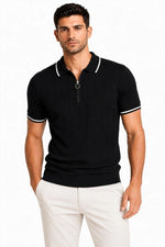 Erkek Fitilli Triko T-shirt Polo Yaka Yarım Fermuarlı Kısa Kollu Tişört - Siyah