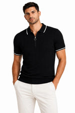 Erkek Fitilli Triko T-shirt Polo Yaka Yarım Fermuarlı Kısa Kollu Tişört - Siyah