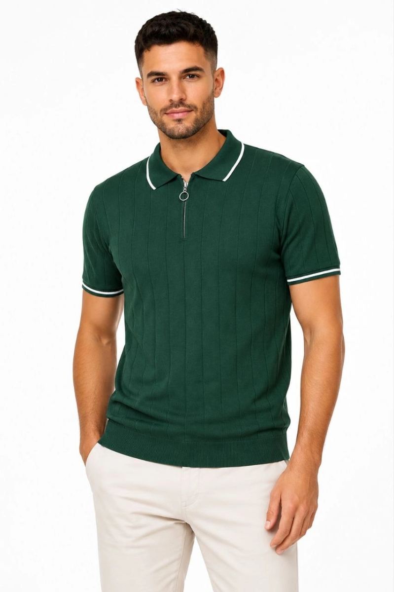 Erkek Fitilli Triko T-shirt Polo Yaka Yarım Fermuarlı Kısa Kollu Tişört - Yeşil