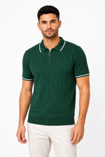 Erkek Fitilli Triko T-shirt Polo Yaka Yarım Fermuarlı Kısa Kollu Tişört - Yeşil