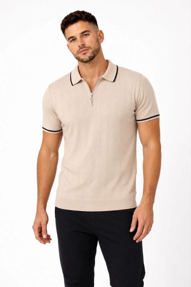 Erkek Fitilli Triko T-shirt Polo Yaka Yarım Fermuarlı Kısa Kollu Tişört - Bej