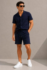 Erkek 2'li Krep Kumaş Cepli Gömlek Şort Takım Kısa Kollu Bağcıklı - Siyah & Lacivert