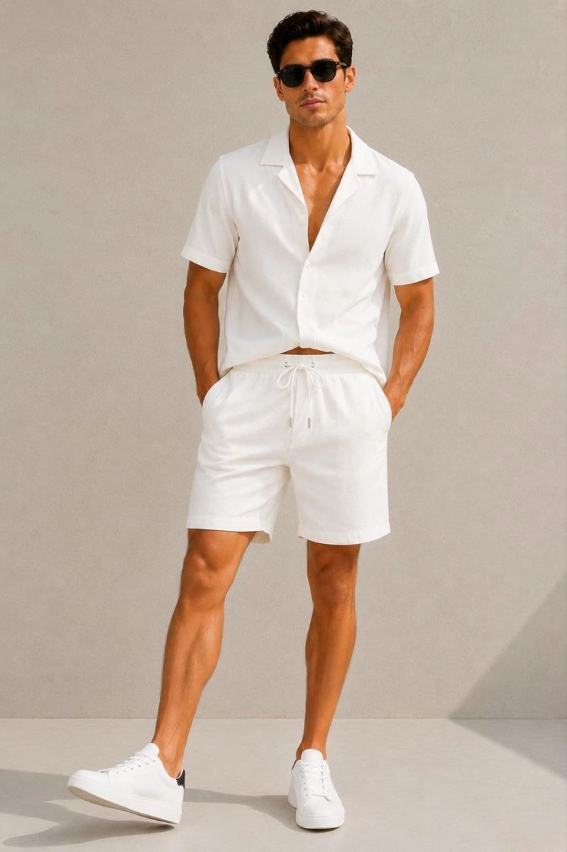 Erkek 2'li Krep Kumaş Cepli Gömlek Şort Takım Kısa Kollu Bağcıklı - Beyaz & Lacivert