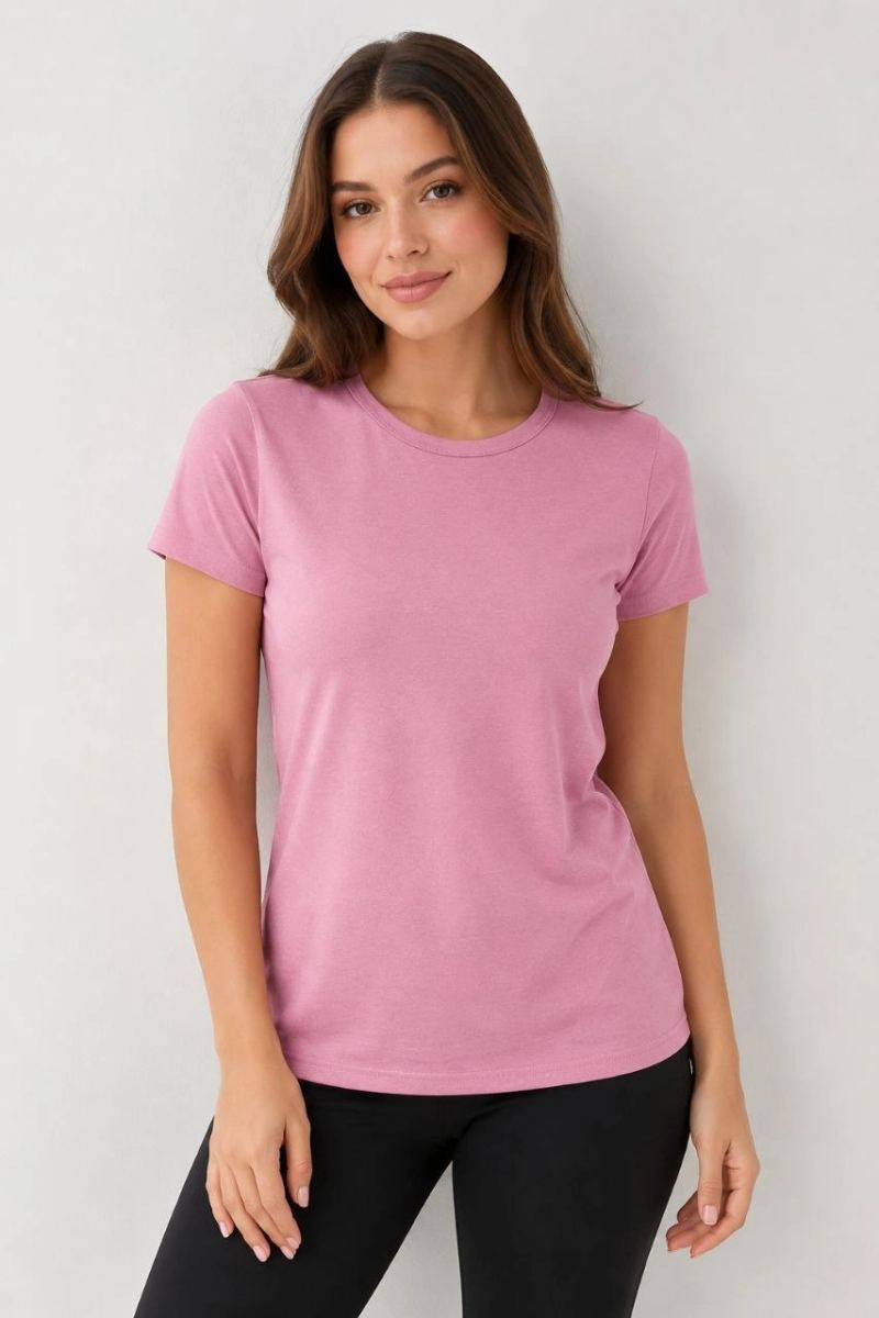 Kadın Basic Bisiklet Yaka Yazlık Slim fit T-Shirt - Pudra Pembe & Petrol Mavi