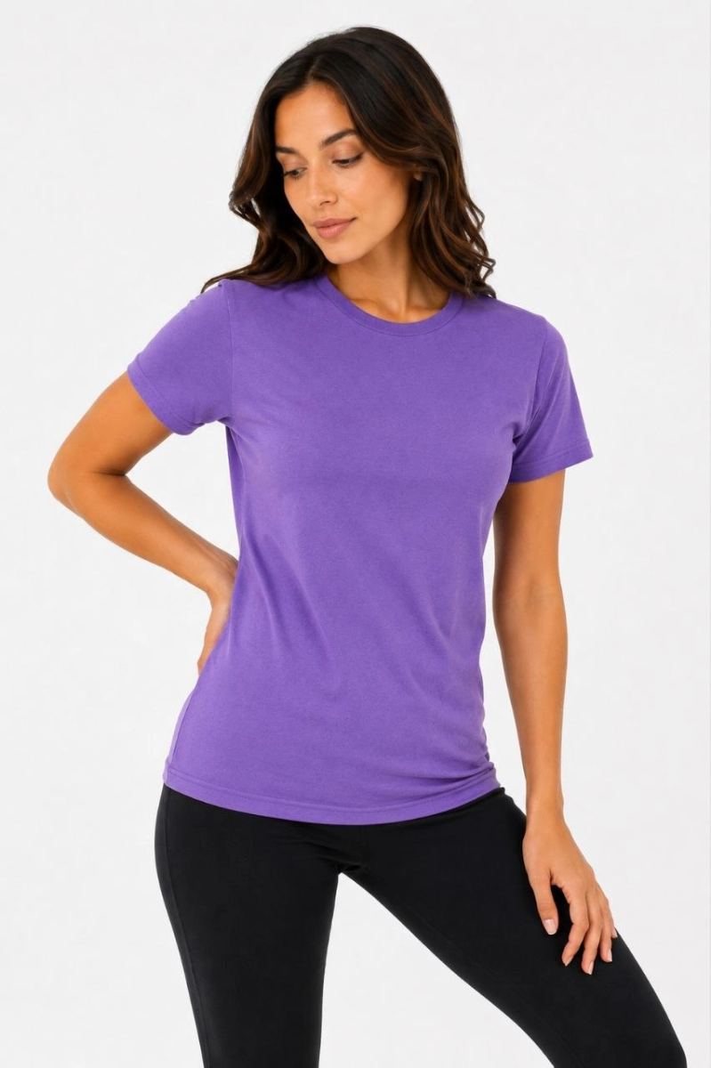 Kadın Basic Bisiklet Yaka Yazlık Slim fit T-Shirt - Mor & Petrol Mavisi