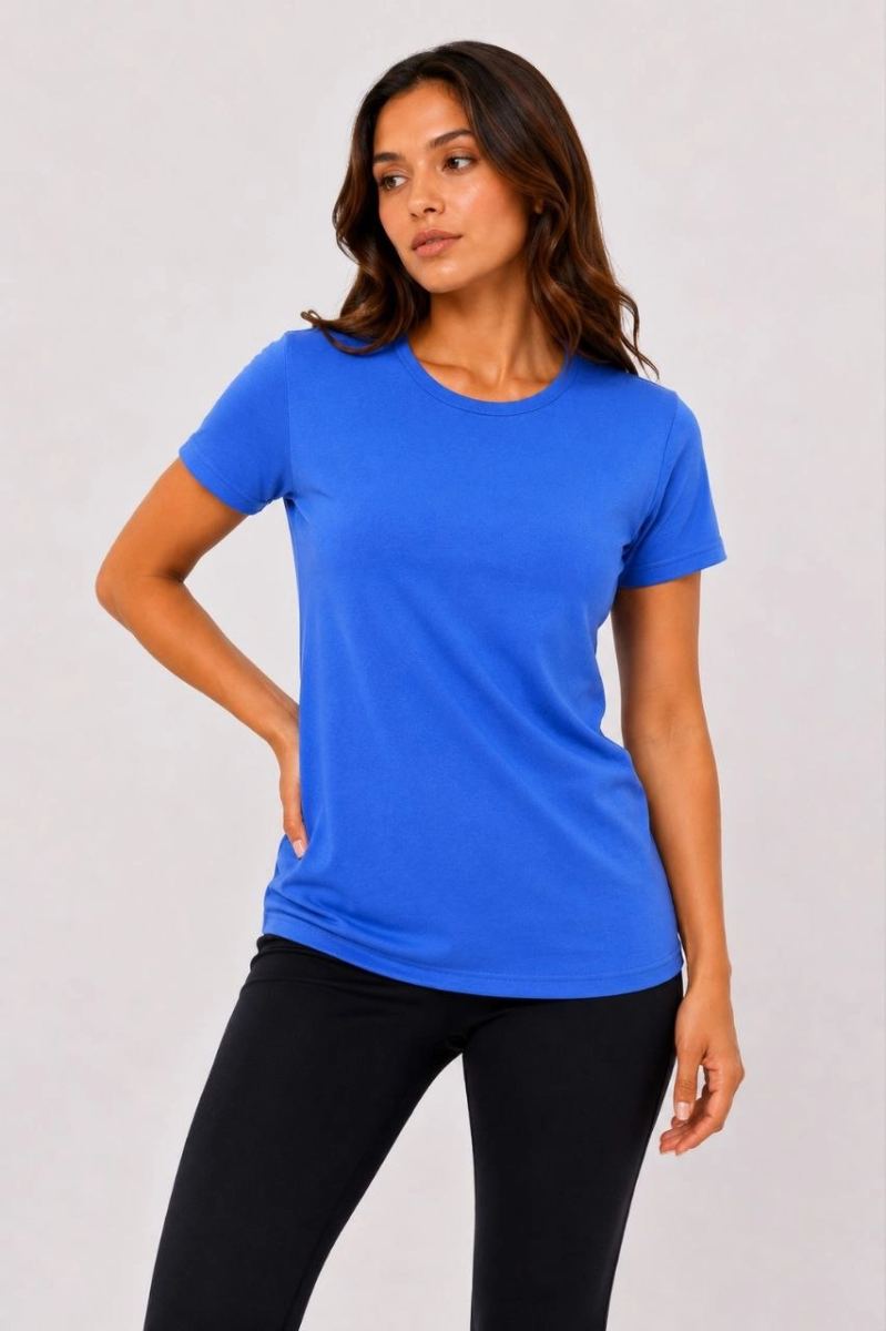Kadın Basic Bisiklet Yaka Yazlık Slim fit T-Shirt - Mavi & Hardal Sarısı