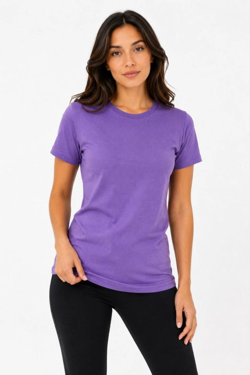 Kadın Basic Bisiklet Yaka Yazlık Slim fit T-Shirt - Mor  & Turuncu