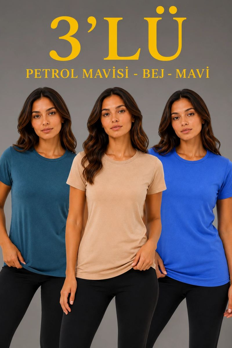 Kadın 3’lü Kısa Kollu Bisiklet Yaka Basic Slim Fit T-Shirt -Petrol Mavisi  - Bej - Mavi