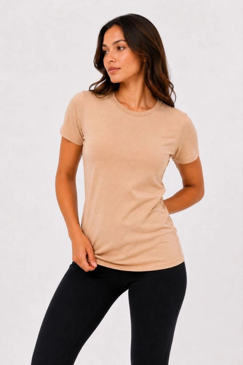 Kadın 3’lü Kısa Kollu Bisiklet Yaka Basic Slim Fit T-Shirt - Turuncu - Bej - Hardal