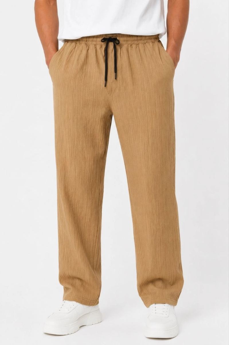 Erkek 2'li Bürümcük Kumaş Beli Lastikli Bağcıklı Bol Paça Pantolon - Beyaz/Vizon