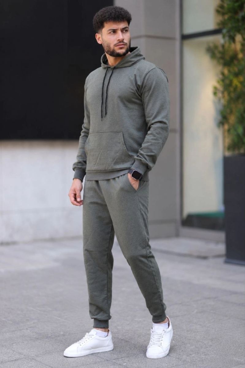 Erkek İki İplik Kapüşonlu Kanguru Cepli Sweatshirt Jogger Pantolon Alt Üst Eşofman Takımı - Haki