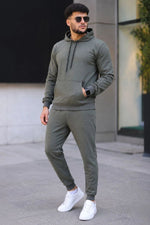 Erkek İki İplik Kapüşonlu Kanguru Cepli Sweatshirt Jogger Pantolon Alt Üst Eşofman Takımı - Haki