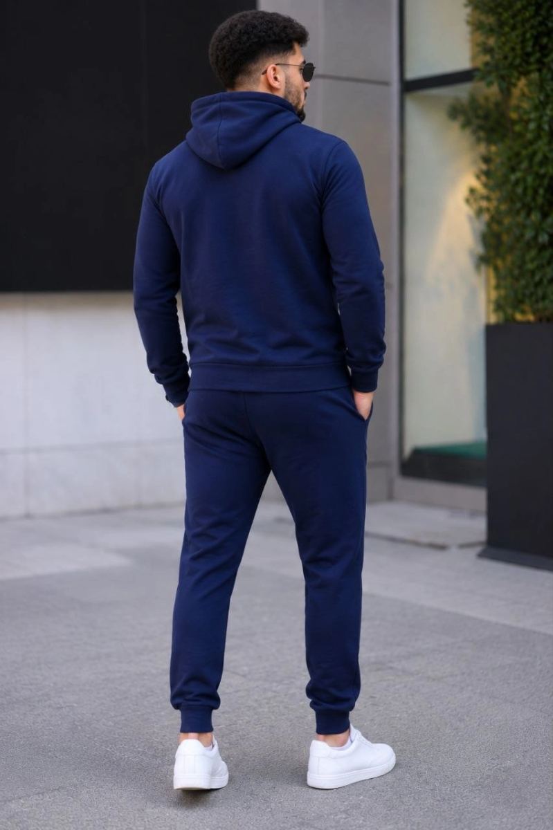 Erkek İki İplik Kapüşonlu Kanguru Cepli Sweatshirt Jogger Pantolon Alt Üst Eşofman Takımı - Lacivert