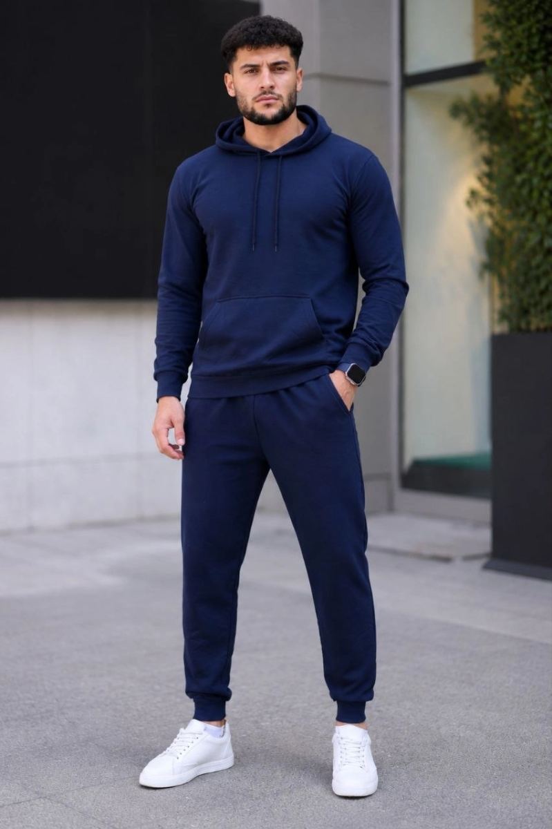Erkek İki İplik Kapüşonlu Kanguru Cepli Sweatshirt Jogger Pantolon Alt Üst Eşofman Takımı - Lacivert