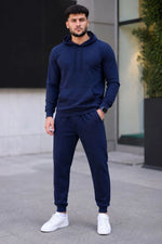 Erkek İki İplik Kapüşonlu Kanguru Cepli Sweatshirt Jogger Pantolon Alt Üst Eşofman Takımı - Lacivert