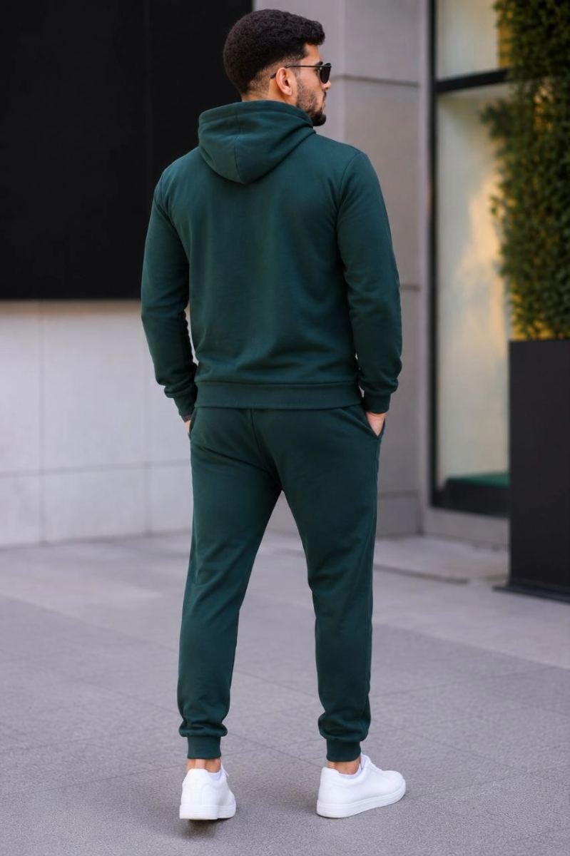 Erkek İki İplik Kapüşonlu Kanguru Cepli Sweatshirt Jogger Pantolon Alt Üst Eşofman Takımı -Nefti Yeşili