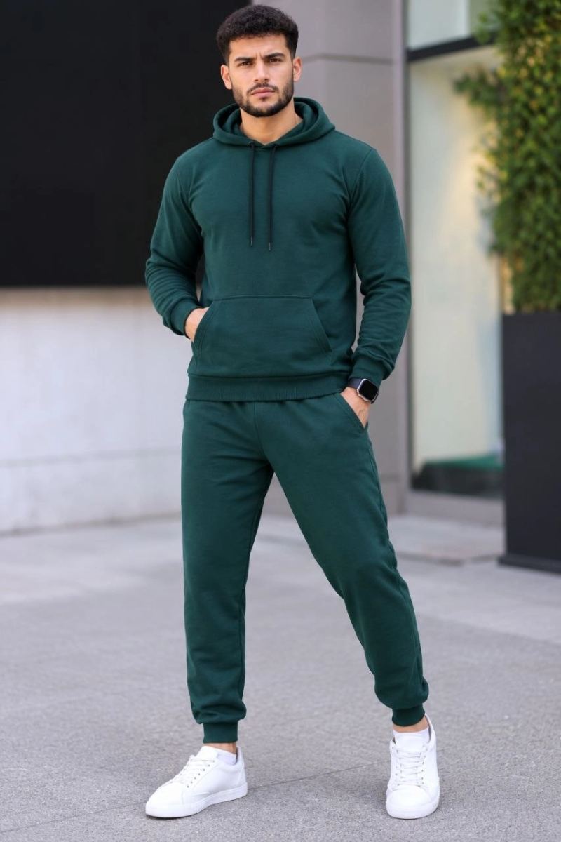 Erkek İki İplik Kapüşonlu Kanguru Cepli Sweatshirt Jogger Pantolon Alt Üst Eşofman Takımı -Nefti Yeşili