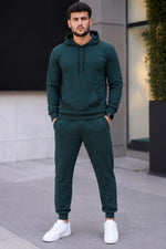 Erkek İki İplik Kapüşonlu Kanguru Cepli Sweatshirt Jogger Pantolon Alt Üst Eşofman Takımı -Nefti Yeşili