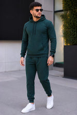 Erkek İki İplik Kapüşonlu Kanguru Cepli Sweatshirt Jogger Pantolon Alt Üst Eşofman Takımı -Nefti Yeşili
