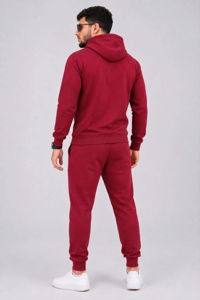 Erkek İki İplik Kapüşonlu Kanguru Cepli Sweatshirt Jogger Pantolon Alt Üst Eşofman Takımı -Bordo