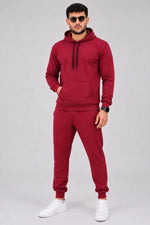 Erkek İki İplik Kapüşonlu Kanguru Cepli Sweatshirt Jogger Pantolon Alt Üst Eşofman Takımı -Bordo