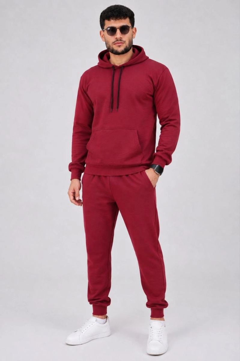 Erkek İki İplik Kapüşonlu Kanguru Cepli Sweatshirt Jogger Pantolon Alt Üst Eşofman Takımı -Bordo