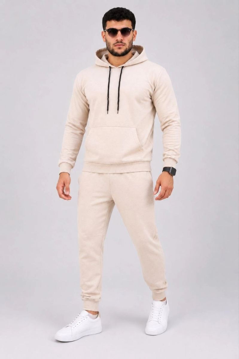 Erkek İki İplik Kapüşonlu Kanguru Cepli Sweatshirt Jogger Pantolon Alt Üst Eşofman Takımı -Bej