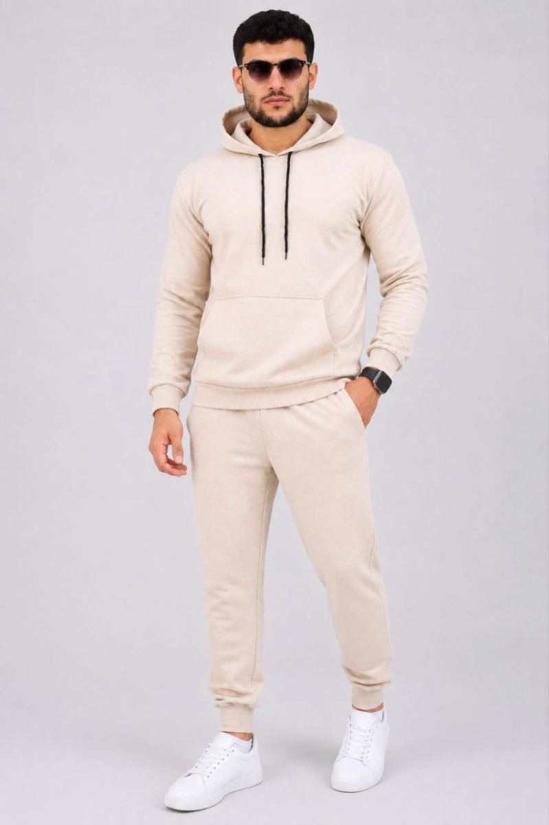 Erkek İki İplik Kapüşonlu Kanguru Cepli Sweatshirt Jogger Pantolon Alt Üst Eşofman Takımı -Bej