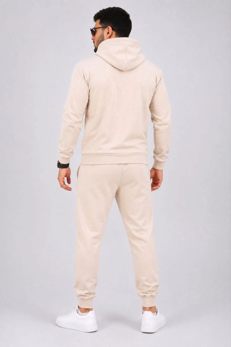 Erkek İki İplik Kapüşonlu Kanguru Cepli Sweatshirt Jogger Pantolon Alt Üst Eşofman Takımı -Bej