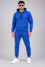 Erkek İki İplik Kapüşonlu Kanguru Cepli Sweatshirt Jogger Pantolon Alt Üst Eşofman Takımı -Saks Mavisi