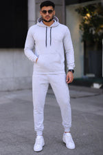 Erkek İki İplik Kapüşonlu Kanguru Cepli Sweatshirt Jogger Pantolon Alt Üst Eşofman Takımı -Beyaz