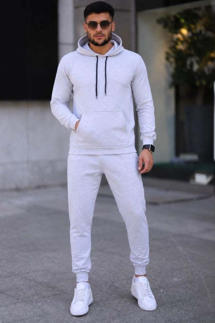 Erkek İki İplik Kapüşonlu Kanguru Cepli Sweatshirt Jogger Pantolon Alt Üst Eşofman Takımı -Beyaz